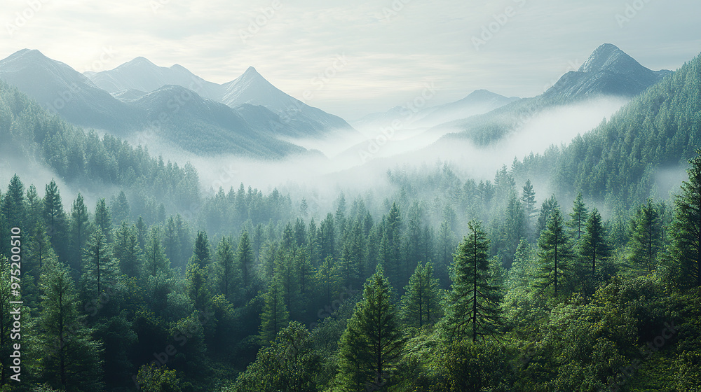 Obraz premium A wide shot of the valley from high up, with misty mountains in the background, green trees