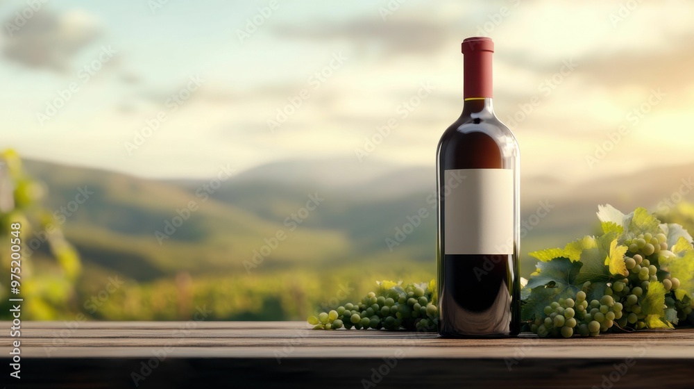 Fototapeta premium A wine bottle with a blank label standing on a table in a vineyard at golden hour, symbolizing winemaking and vineyard culture.