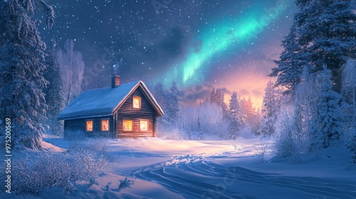 Serene winter landscape featuring a cozy wooden house beneath a dazzling northern lights sky
