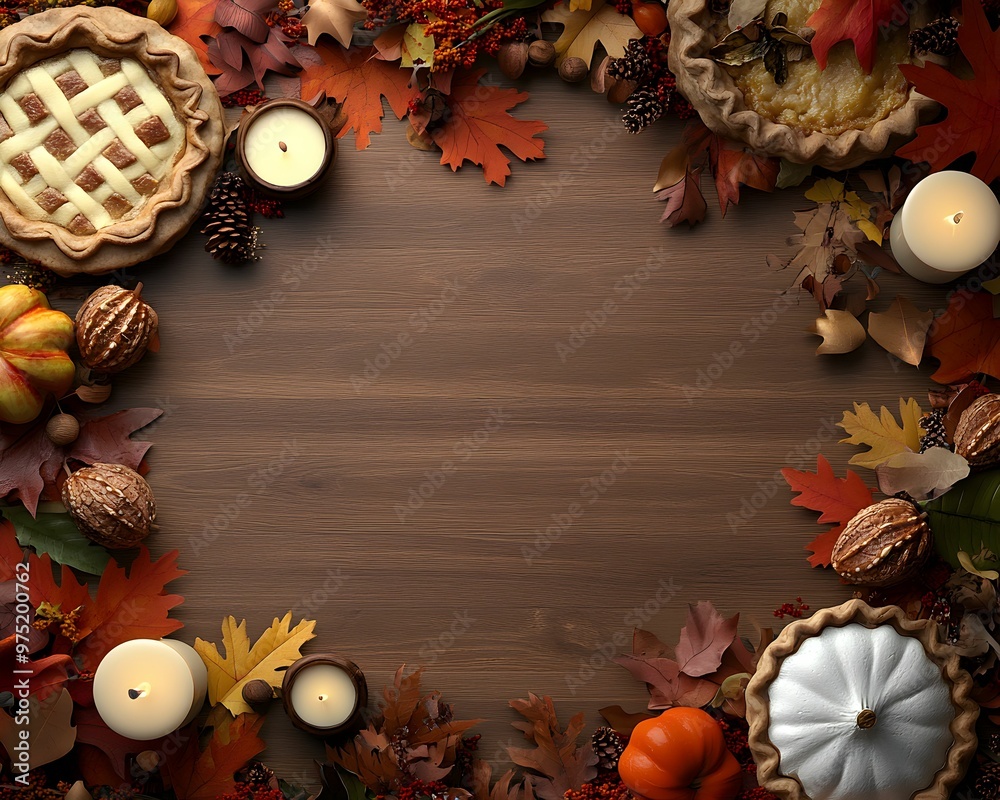 Fototapeta premium A table with a pie, candles, and leaves