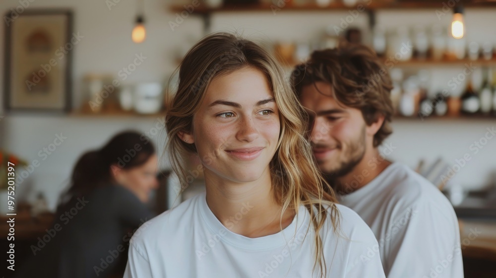 A couple in a modern office setting, discreetly exchanging smiles during a break, with blurred coworkers in the background. The scene captures the subtle connection and chemistry between them, emphasi A couple in a modern office setting, discreetly exchanging smiles during a break, with blurred coworkers in the background. The scene captures the subtle connection and chemistry between them, emphasi