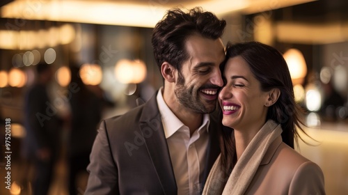 A couple in a modern office setting, discreetly exchanging smiles during a break, with blurred coworkers in the background. The scene captures the subtle connection and chemistry between them, emphasi