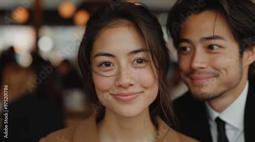 A couple in a modern office setting, discreetly exchanging smiles during a break, with blurred coworkers in the background. The scene captures the subtle connection and chemistry between them, emphasi