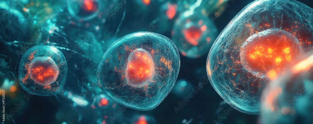 Detailed view of vibrant cells under a microscope, showcasing cellular structure and biological processes in stunning clarity. Detailed view of vibrant cells under a microscope, showcasing cellular structure and biological processes in stunning clarity.