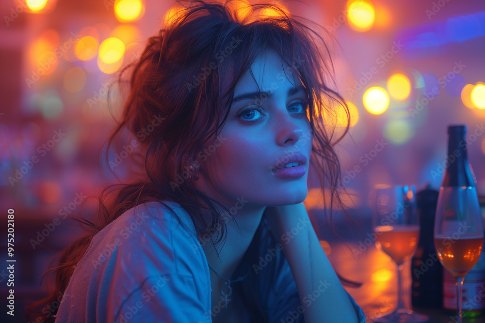 Thoughtful young woman in neon-lit bar with drinks, moody evening atmosphere Thoughtful young woman in neon-lit bar with drinks, moody evening atmosphere