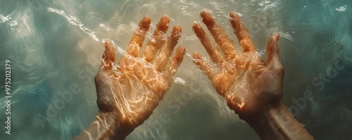 Wallpaper Mural Close-up of hands submerged in water, showcasing rippling reflections and serene movement, evoking tranquility and connection. Torontodigital.ca