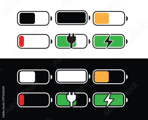 Battery icon set. Low battery , charging battery, low power mode, full battery icons. Vector illustration