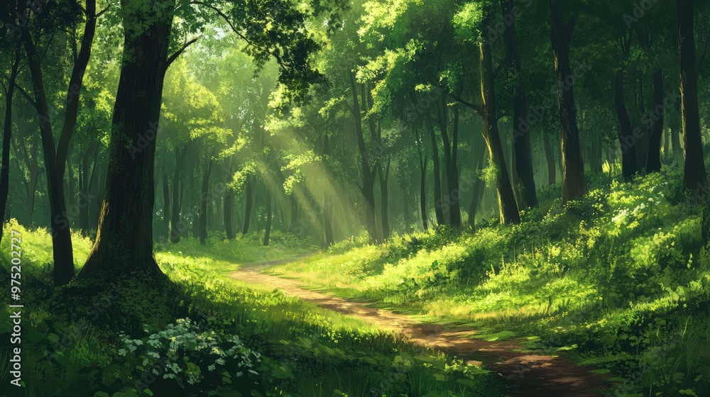 Fototapeta premium Lush green forest with tall trees dappled sunlight and a winding path