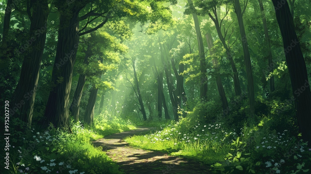 Fototapeta premium Lush green forest with tall trees dappled sunlight and a winding path