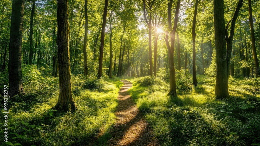 Obraz premium Lush green forest with tall trees dappled sunlight and a winding path