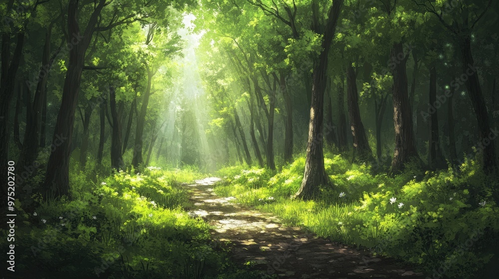 Obraz premium Lush green forest with tall trees dappled sunlight and a winding path