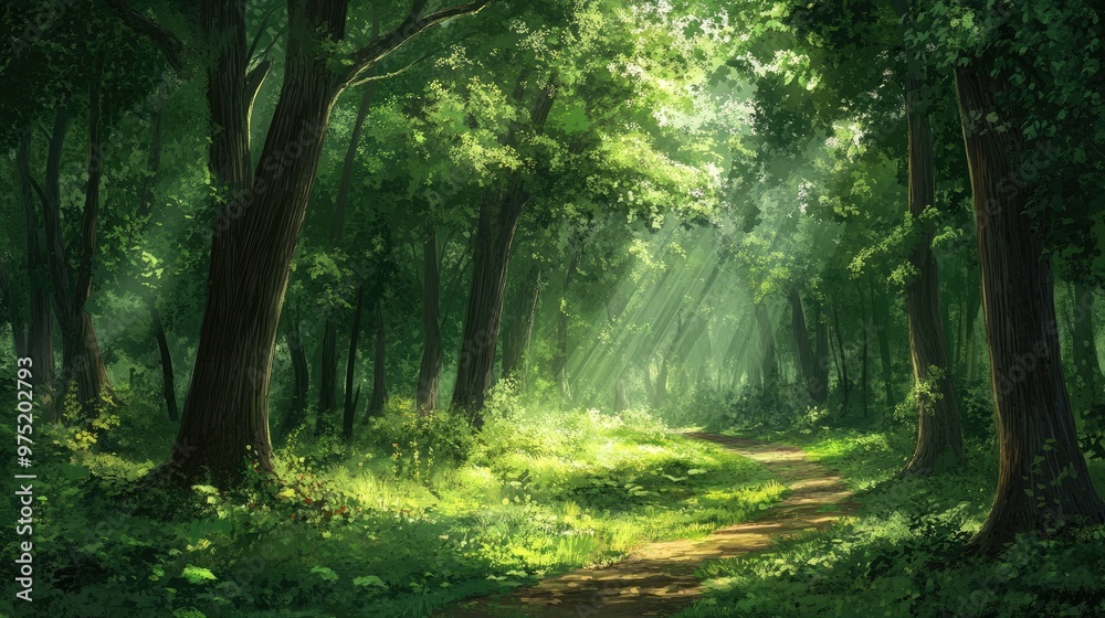 Fototapeta premium Lush green forest with tall trees dappled sunlight and a winding path