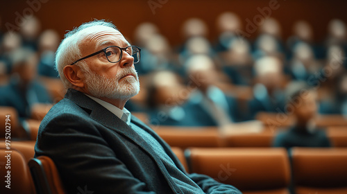 Elderly businessman sitting in the audience of an auditorium, listening to a presentation or speech by other business people