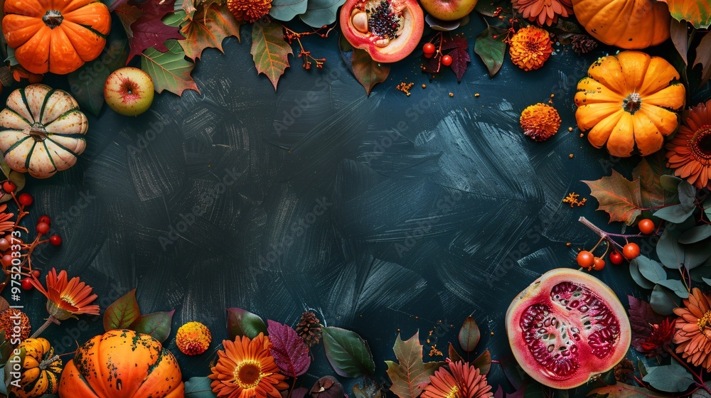 Autumn background with pumpkins, apples, grapes, berries and leaves. Top view with copy space. Autumn background with pumpkins, apples, grapes, berries and leaves. Top view with copy space.