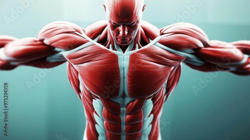 Detailed anatomical illustration of human muscle structure showcasing intricate muscle fibers and dynamic posture.