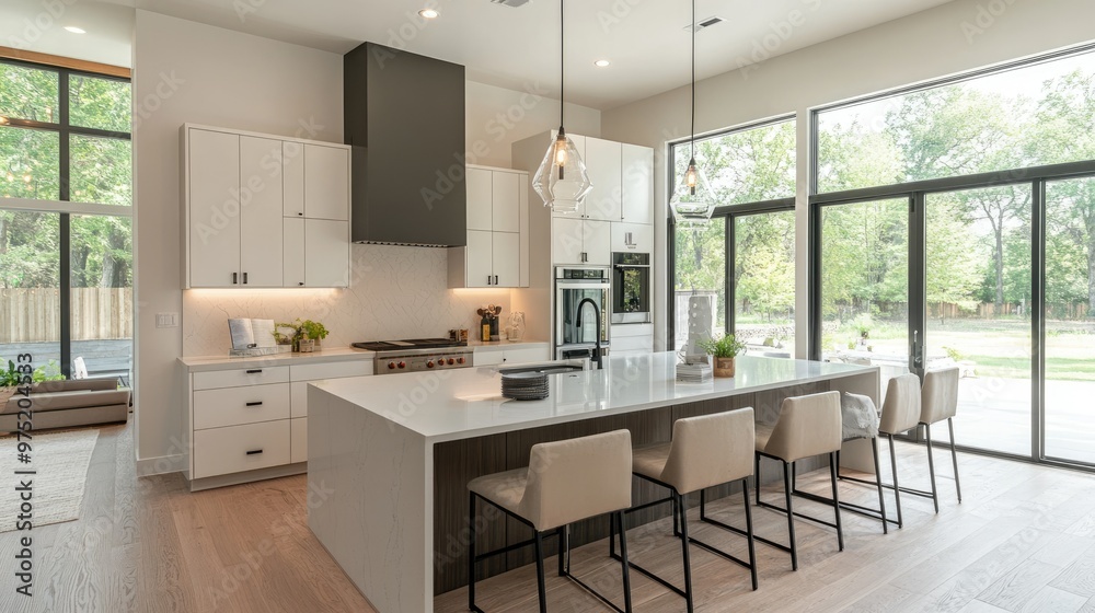 Modern kitchen with an island, high-end appliances, and a clean, sleek design Modern kitchen with an island, high-end appliances, and a clean, sleek design