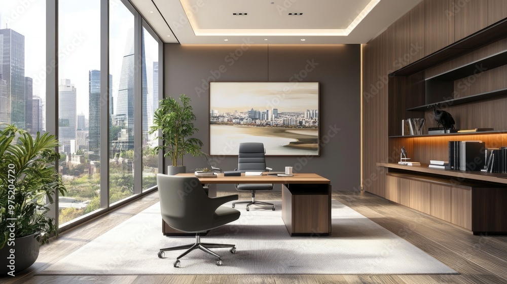Modern office space with sleek furniture large windows and a cityscape view Modern office space with sleek furniture large windows and a cityscape view