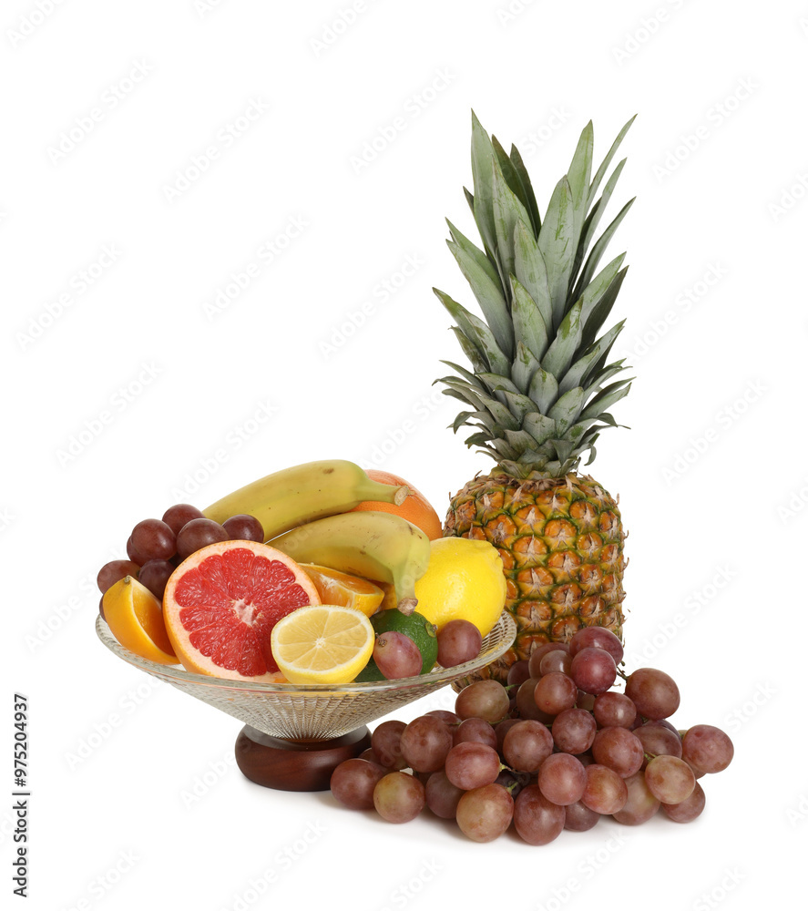 Glass vase with different fresh fruits isolated on white Glass vase with different fresh fruits isolated on white