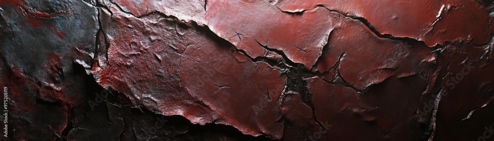 Fototapeta premium Close-up of cracked, peeling red paint revealing an intricate texture; perfect for backgrounds and artistic projects.