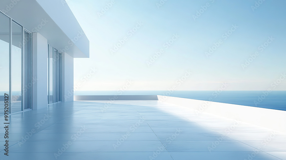 Obraz premium Minimalist white empty rooftop with floor, clear sky, panoramic view