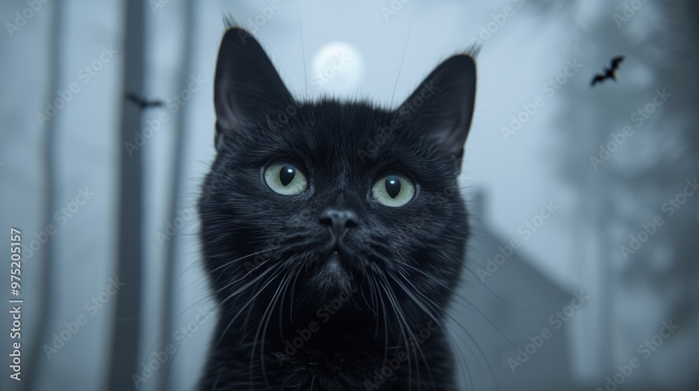 Fototapeta premium Mysterious black cat with glowing green eyes