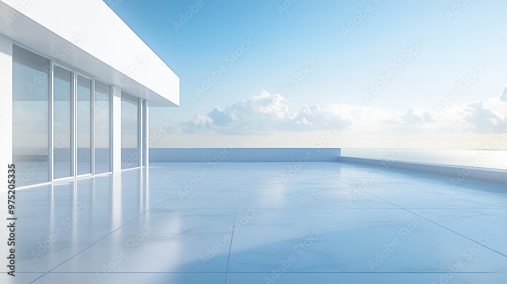 Fototapeta premium Minimalist white empty rooftop with floor, clear sky, panoramic view