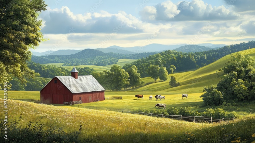 Peaceful rural scene with a classic barn, grazing cows, and rolling green hills Peaceful rural scene with a classic barn, grazing cows, and rolling green hills