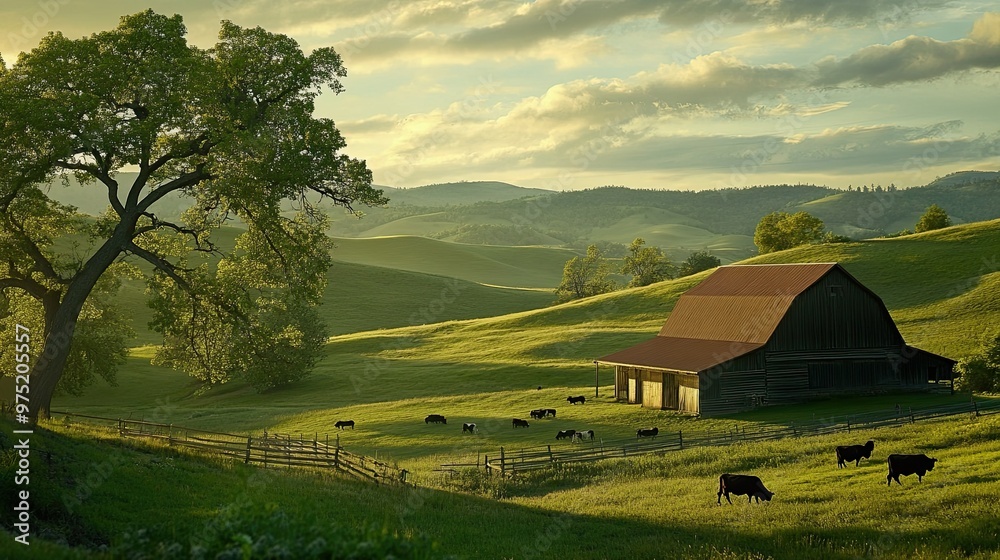 Peaceful rural scene with a classic barn, grazing cows, and rolling ...