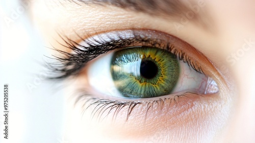 Mesmerizing close-up of a human eye with striking green and gold hues, showcasing intricate details of the iris, pupil, and long eyelashes.