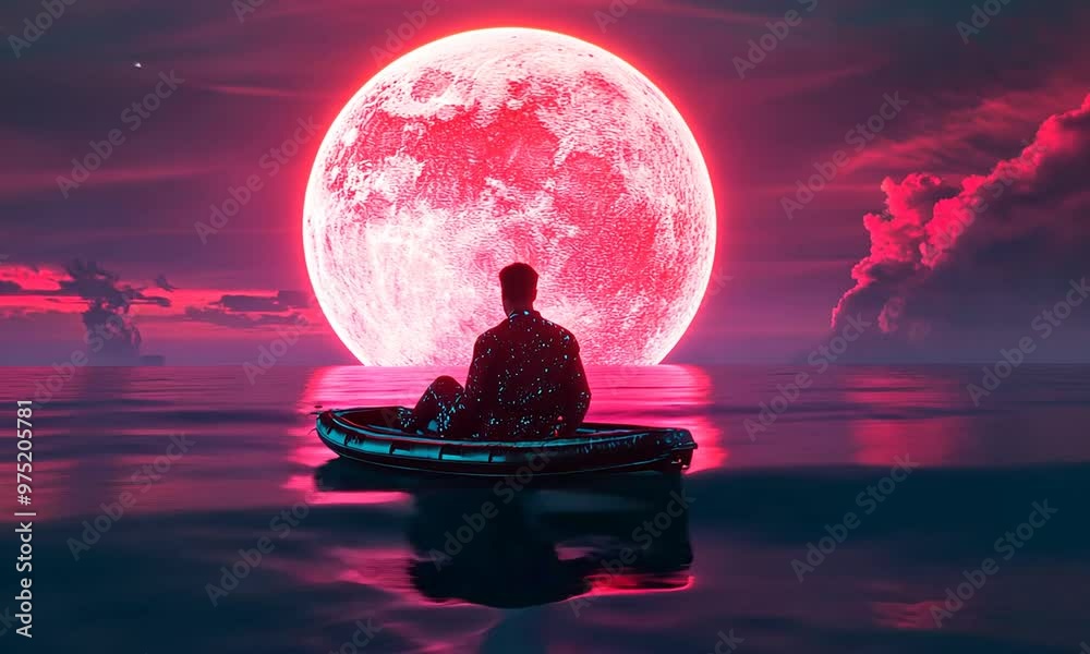 Un homme dans un décor néon se trouve dans une mer sur une planète au cœur d'une galaxie lointaine, créant une ambiance mystérieuse et cosmique