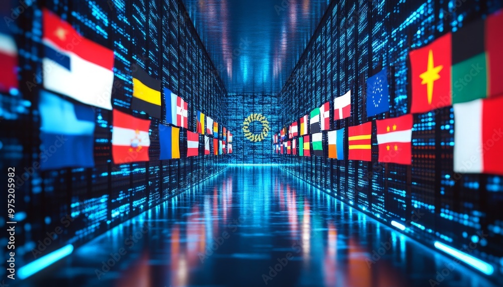 Obraz premium Global Network of Flags in a Digital Corridor.