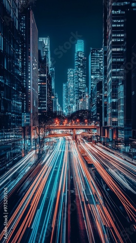 Futuristic cityscape at night with glowing skyscrapers and vibrant light trails from traffic, showcasing urban energy and modern architecture in motion. photo