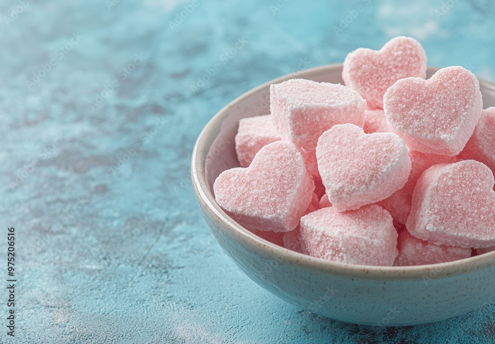 Pink heart-shaped gummy candies in a bowl Pink heart-shaped gummy candies in a bowl