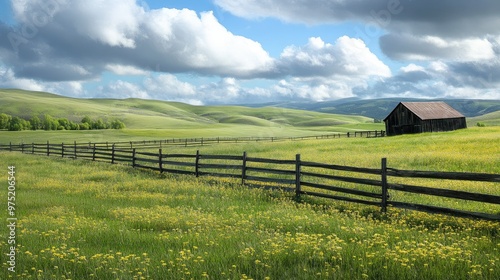 Scenic mountain landscape with rolling hills  clear blue sky  and a meandering river  photo