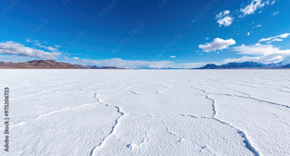 Expansive salt flat landscape under a blue sky Expansive salt flat landscape under a blue sky