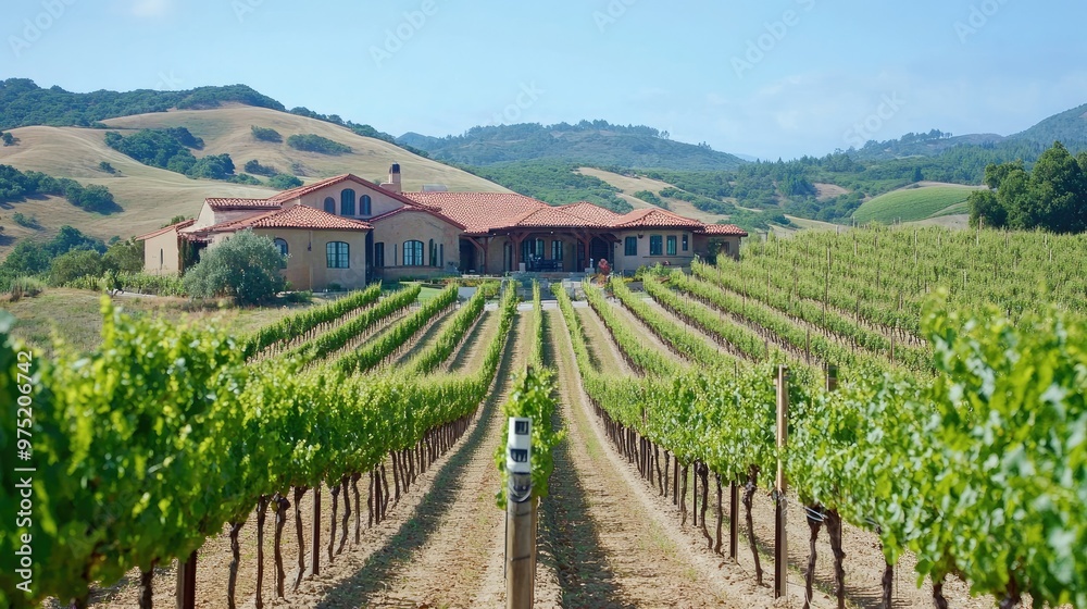 Fototapeta premium Scenic vineyard landscape with rows of grapevines rolling hills and a rustic winery