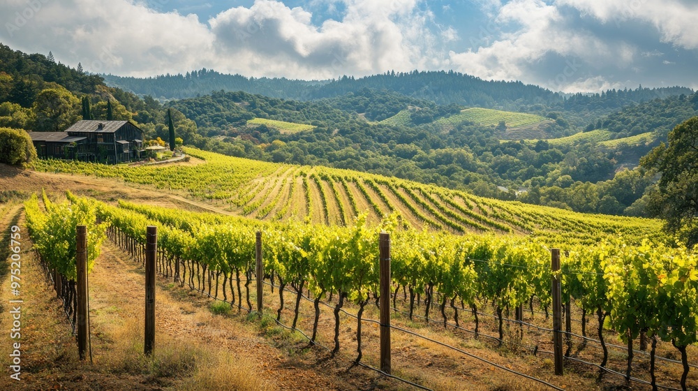 Fototapeta premium Scenic vineyard landscape with rows of grapevines rolling hills and a rustic winery