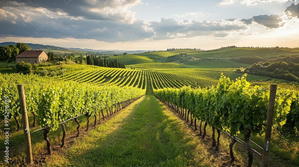 Obraz premium Scenic vineyard landscape with rows of grapevines rolling hills and a rustic winery