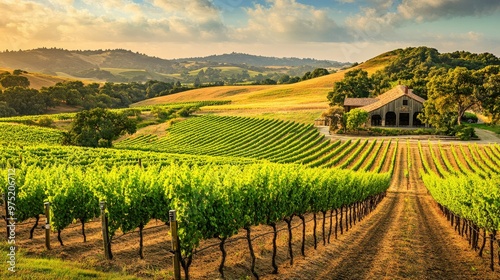 Wallpaper Mural Scenic vineyard landscape with rows of grapevines  rolling hills  and a rustic winery Torontodigital.ca