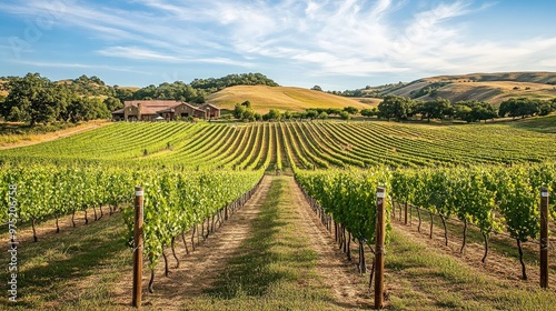 Scenic vineyard landscape with rows of grapevines rolling hills and a rustic winery