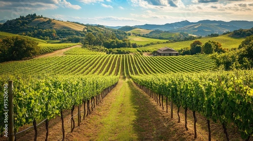 Scenic vineyard landscape with rows of grapevines rolling hills and a rustic winery