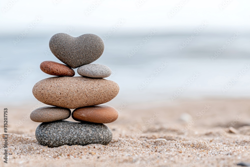 Balanced stones on beach with serene ocean view Balanced stones on beach with serene ocean view