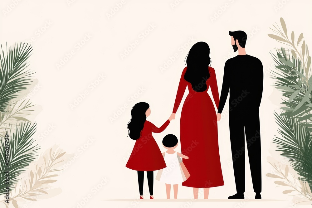 family portrait of parents and children in red and black outfits family portrait of parents and children in red and black outfits