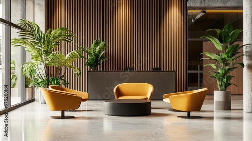 Stylish office lobby with contemporary furniture potted plants 