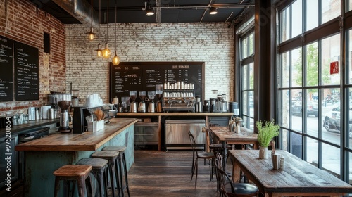 Trendy coffee shop interior with rustic wooden tables, exposed brick walls, and industrial decor