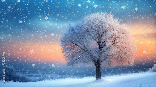 Beautiful Tree in Winter Landscape During Evening Snowfall
