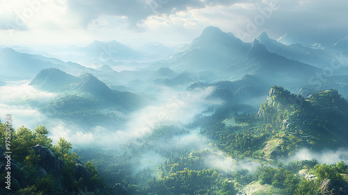 A wide shot of the valley from high up, with misty mountains in the background, green trees