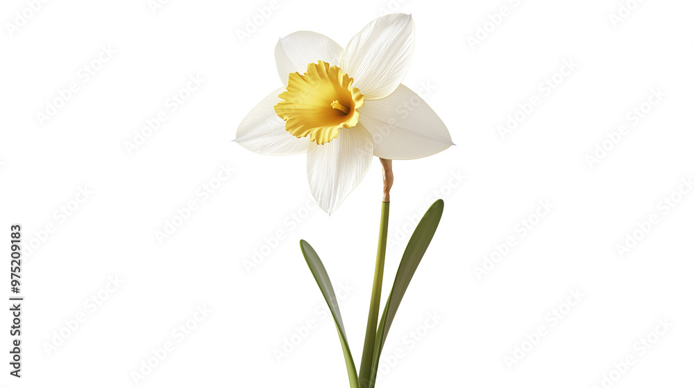A single white flower with a yellow center. The flower is the only thing in the image A single white flower with a yellow center. The flower is the only thing in the image