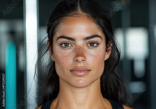 Captivating portrait of a young woman with dark hair and freckles