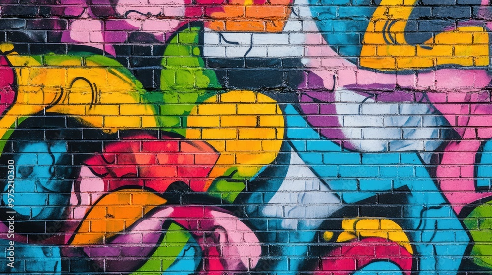 Vibrant street art mural on a brick wall with bold colors and creative designs Vibrant street art mural on a brick wall with bold colors and creative designs